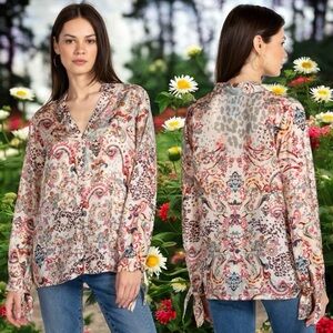 Johnny Was Jungle Paisley Rasvana 100% Silk Lightweight Button Blouse Size L